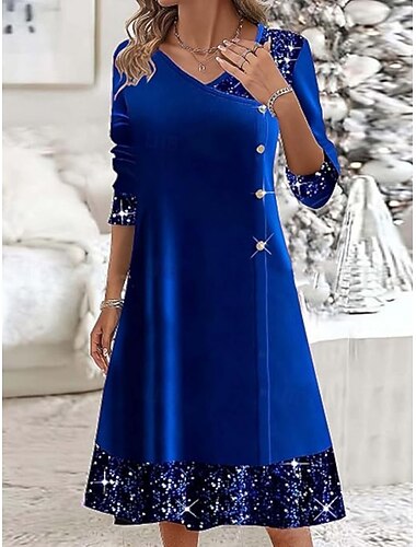  Natale Per donna Abito Midi Abito a trapezio Casual Quotidiano Ferie Vestibilità regolare Semplice Manica Lunga Scollo a V Vino Blu reale Verde Autunno Inverno