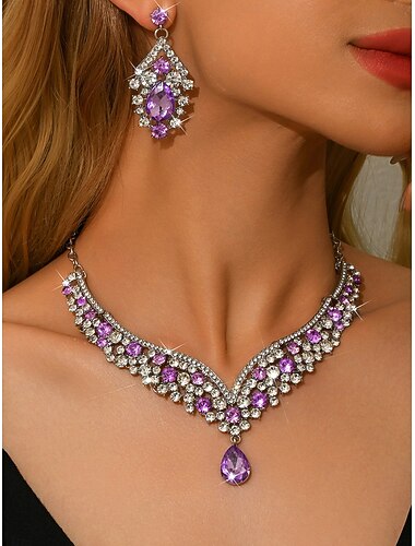  set di collana e orecchini con strass viola da donna: gioielli vintage scintillanti per feste a tema Gatsby, balli da sala ed eventi serali formali