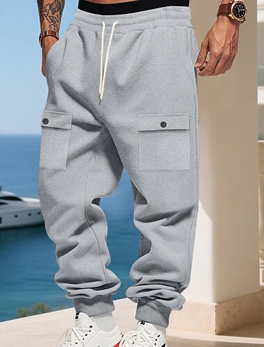  男性用 カーゴスウェットパンツ スウェットパンツ ジョガー ズボン ドローストリング ポケット 弾性ウエスト 平織り 履き心地よい スポーツ・アウトドア 日常 ファッション カジュアル ブラック ホワイト マイクロエラスティック