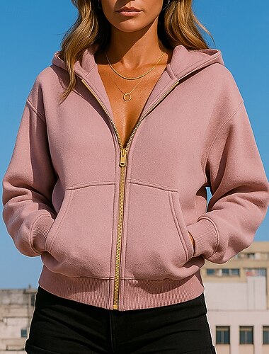  Mulheres Casaco com capuz Moletom com zíper Com bolsos Manga Longa Blusas Roupa Esportiva Outono Cor Sólida Equitação Exterior Viagem Roupa de esporte Roupas Esportivas Preto Branco Rosa