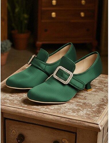  女性用 1920 年代ヴィンテージ ビクトリアン バックルヒール - ロリータ、ロココ、ギャツビーのパーティーやコスプレ衣装に最適なエドワード朝風サテン キトンヒール ドレスシューズ