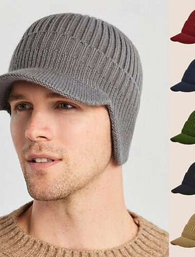  Outdoor Riding Elastic Warm Ear Protection Knitted Hat, Men Winter Beanie with Fleece Lining, Thick Warm Wool Hat, Knitted Earflap Cap for Cold Weather