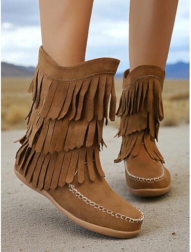  dames mocassinlaarzen met franjes en gestikte details, casual westernstijl voor buiten en op festivals