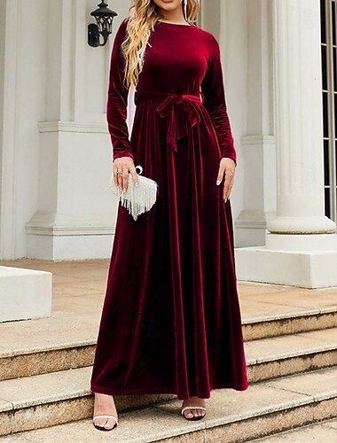  Femmes Robe Midi Robe de Noël Robe en Velours Robe de Cocktail Élégant Mode Moderne Extérieur Soirée Tenue de soirée Coupe régulière Uni manche longue Col ras du cou Bleu Noir Rouge Vert foncé