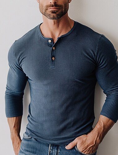  Homens Camiseta Camisa Henley Camiseta de malha canelada T-shirt Manga Longa Tecido Pit Strip Cor Única Moda Designer Básico Tricôt Henley Férias Rua Casual Primavera Outono Inverno Azul Marinha