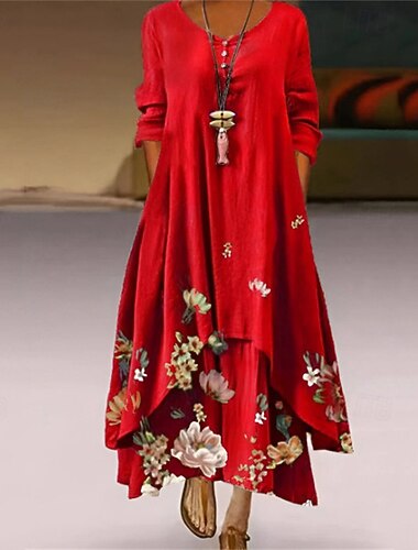  Per donna Abito Lungo Maxi Abito Vestito Casual Abito Stampato Elegante Moda Classico All'aperto Vacanza Ferie Vestibilità regolare Fiore Manica Lunga Scollo a V Rosso Primavera Autunno