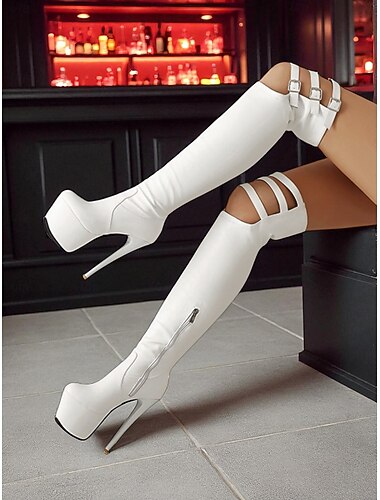 Botas femininas brancas plataforma de cano alto com tiras de fivela - saltos agulha sensuais para vida noturna, roupas de balada &roupas de festa   Botas femininas brancas plataforma de cano alto com tiras de fivela - saltos agulha sensuais para vida noturna, roupas de balada &roupas de festa