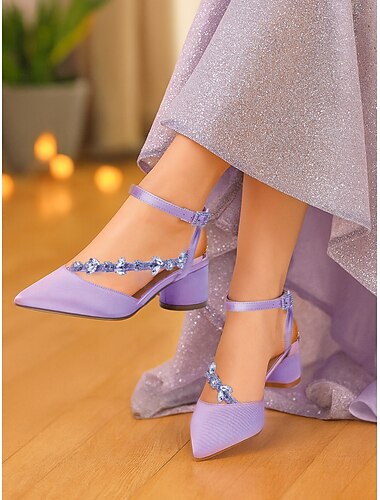  Lilla damesko med blokhæl i satin og rhinsten - elegante formelle sko til aftenarrangementer og nattelivsfester