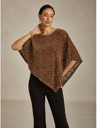  Dame Bluse Poncho Blonde topper Paljetter Illusjonsblonder Elegant Årgang Crew-hals Vanlige topper Aftenselskap Bryllupsgjest Festkveldsklær Brun Vår Høst