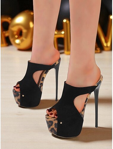  Mules plataforma peep toe pretas femininas de salto alto com detalhes em estampa de leopardo - sandálias stiletto sensuais para festas noturnas para mulheres