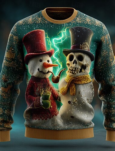 Stygg julegenser Herre Snømann Pullover genser Strikketøy Crewneck Fritid Feriereise Daglig Festival 3D-utskrift Hold Varm Langermet Vår Høst Vinter Rød Brun Grønn