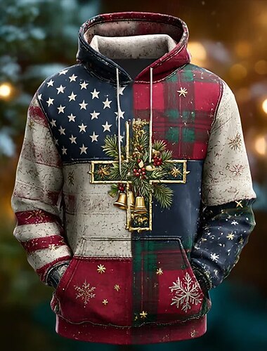  חג המולד בגדי ריקוד גברים צלב דגל אמריקה קפוצ'ון אופנתי יומי יום יומי שרוול ארוך עם קפוצ'ון חופשה מפלגה לבוש רחוב פֶסטִיבָל אודם מדפיס סתיו חורף מְעַצֵב XXL XXL XXXL 3XL 4XL 4XL