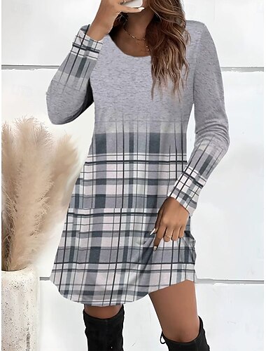  Per donna Mini Abito Vestito T-Shirt Vestito Estivo Abito a trapezio Casual Quotidiano Uscire Vestibilità regolare Grafico Plaid Astratto Manica Lunga Girocollo Rosa chiaro Rosa Grigio Autunno Inverno