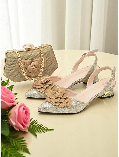  női csillámos slingback magassarkú és hozzá illő estélyi clutch szett 3D virágmintával hivatalos eseményekre és koktélpartikra