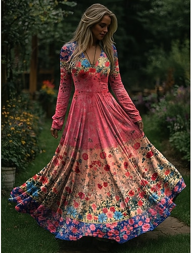  Weihnachten Damen Maxikleid Faltenkleid Party Lässig Boho Täglich Date Ausgehen Normale Passform Blumen Langarm V Ausschnitt Dunkelpink Frühling Herbst Winter