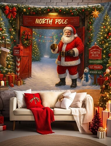  Fondo de tapiz navideño Santa Claus en el Polo Norte con árbol de Navidad y regalos colgante navideño 2025 para dormitorio salón fiesta y al aire libre