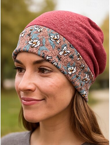  damska czapka beanie z nadrukiem kwiatowym, miękka, elastyczna, luźna czapka do noszenia na co dzień, na zajęcia na świeżym powietrzu i jako nakrycie głowy podczas chemioterapii