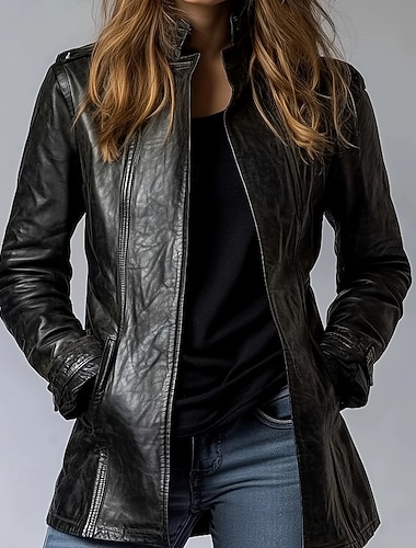  Γυναικεία Jeci Piele Μπουφάν Biker Διατηρείτε Ζεστό Άνετο Φερμουάρ Τσέπη Καθημερινό Σκέτο Διακοπές Εξόδου Σαββατοκύριακο Κανονικό Όρθιος Γιακάς Κανονικό Μακρυμάνικο Εξωτερικά ενδύματα Μαύρο