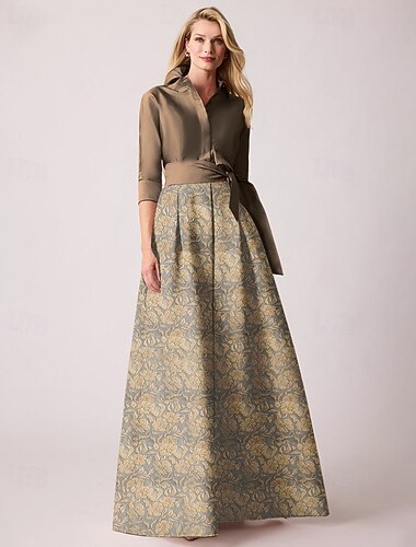  Jacquard Brocade Floral A-Line Cocktail Dresses Elegant Dress Formal Wedding Floor Length Long Sleeve Shirt Collar Detachable Nylon