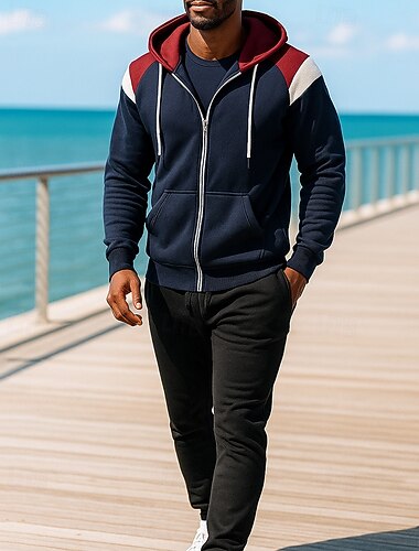  Hombre Chándal de 2 piezas Sudadera con capucha Lounge Conjuntos de chándal Correa Bloque de color Trajes de Yoga Otoño Negro Rojo Al Aire Libre Viaje Deportes Dispersor de humedad Manga Larga Deporte
