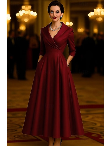  A-linje Ankellengde Festkjole Cocktail Kjole Gjestekjole til bryllup Kjole til brudens mor 3/4 ermer V-hals Skjortekrage Elegant Årgang Formell Elastisk satin med Ruchiing Ensfarget