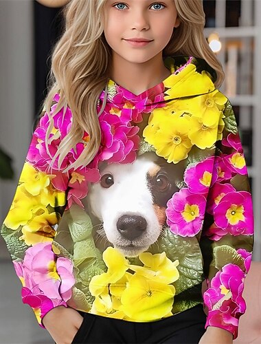 Девочки 3D Цветочный принт С собакой Толстовка Длинный рукав Осень Зима Мода Очаровательны Классический Дети 4-12 лет Капюшон на открытом воздухе Повседневные Стандартный   Девочки 3D Цветочный принт С собакой Толстовка Длинный рукав Осень Зима Мода Очаровательны Классический Дети 4-12 лет Капюшон на открытом воздухе Повседневные Стандартный