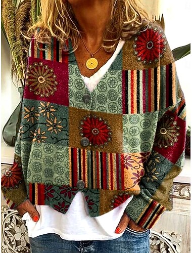  Mujer Pulóveres Cárdigan Elegante Vintage Moda Floral Geométrico A Rayas Escote en Pico Retazos Bolsillo De Punto Manga Larga Tops regulares Tejer Exterior Diario Fin de semana Rojo tinto Marrón