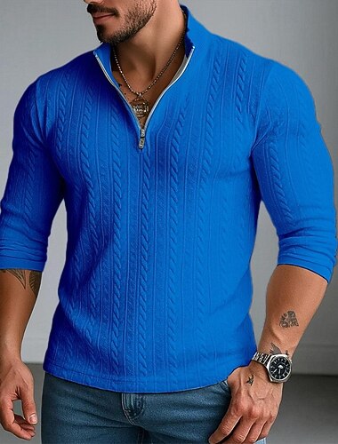  Homens Camiseta de malha canelada T-shirt Gola alta simulada Manga Longa Gola Alta Outono Inverno Tecido Jacquard Moderno Casual Confortável Básico Casa Rua Casual Branco Azul Marinha Azul Royal Top