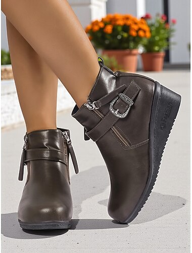  Dámské Boty Denní Kotníkové boty Booties Přezky Klín Oblá špička Na běžné nošení Minimalismus Umělá kůže Zip Spona Černá Hnědá