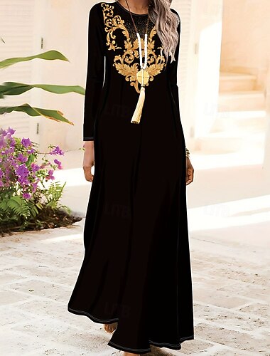  Femmes Robe Longue Maxi Robe Robe bohème Élégant ancien Mode Extérieur Soirée Quotidien Coupe régulière Graphique Papillon manche longue Col ras du cou Noir Blanche Rouge Bleu Printemps Automne