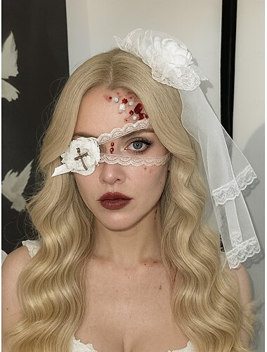  Naisten goottilainen pitsinen silmälappu ja huntu risti- ja jalokivikoristeilla - halloween-cosplay-asuasu naamiaisiin ja teemajuhliin