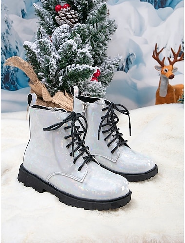  Chaussures de costume de pop star inspirées des idoles coréennes, bottes de combat à paillettes argentées pour filles avec design à lacets, fermeture éclair latérale, semelle antidérapante, chaussures