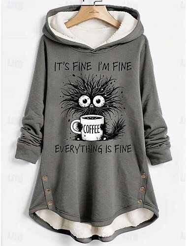  Női Pulóver Hoodie pulóver Grafika Cica Szöveg Alkalmi Comfrt Hosszú ujj Kapucni Hosszú felsők Utca Hétköznapi Nyomtatott Sötétrózsaszín Medence Szürke Ősz Tél