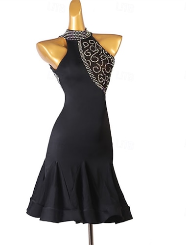  Robe de danse latine noire pour femme avec ornements en strass, col licou et jupe évasée - idéale pour la salsa, le tango et les tenues de performance