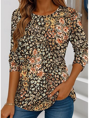  Dames T-shirt Grafisch Planten Vintage Stijlvol Klassiek Lange mouw Strakke ronde hals Ronde hals Normale tops Dagelijks Afdrukken Licht Bruin Paars Bruin Lente Herfst Winter