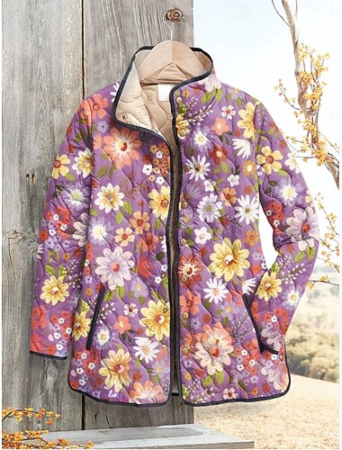  Mujer Chaqueta de Invierno Chaqueta acolchada Mantiene abrigado Cómodo Bolsillo Botones Estampado Moda Diario Exterior Floral Vacaciones Casual Diario Botonadura Simple Regular Escote Chino Ajuste