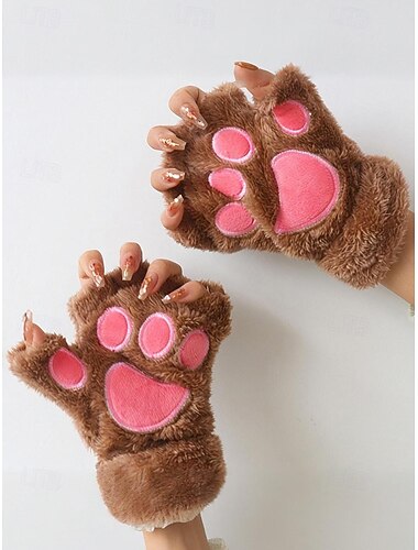  Dames pluchen poothandschoenen – schattige harige kattenklauwwanten, zachte warme winterhandschoenen zonder vingers voor cosplay, Halloween en dagelijks gebruik