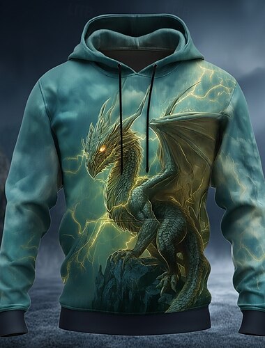  Miesten Lohikäärme Huppari College 3D Fantasia Pitkähihainen Tiukka pyöreä kaula-aukko Lahja Klubi Katuvaatteet Sininen Ruskea Apila Kurenauha Syksy Talvi Suunnittelija S M L XL XXL XXXL