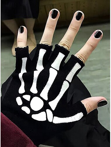  Vingerloze handschoenen van skeletstof voor heren in Halloween-stijl – elastische, antislip gebreide wanten van fleece voor cosplay, feesten en buitengebruik