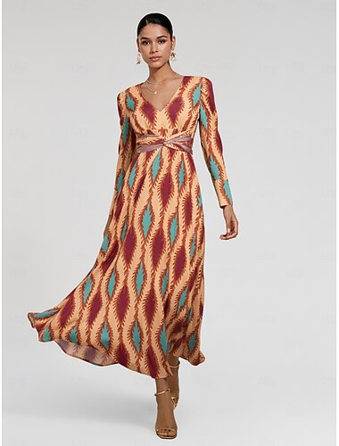  abito lungo da donna in raso con scollo a V, motivo geometrico floreale, elegante e casual, outfit da vacanza primavera estate autunno