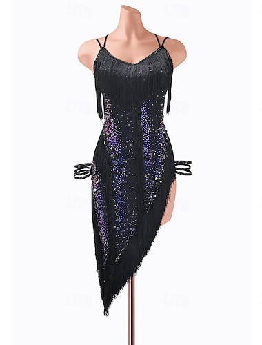  Danse Latine Robe Paillettes Épissage Femmes Performance Entraînement Sans manches Haut Spandex