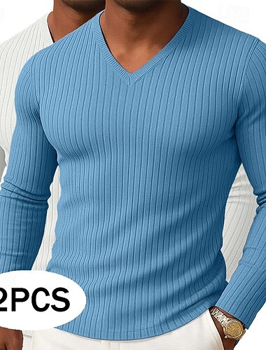  Homens Camiseta camisa muscular Camiseta de malha canelada T-shirt Manga Longa Decote V Primavera Outono Inverno Tecido Pit Strip Moda Designer Básico 2 Peças Tricôt Básico Férias Rua Casual Azul