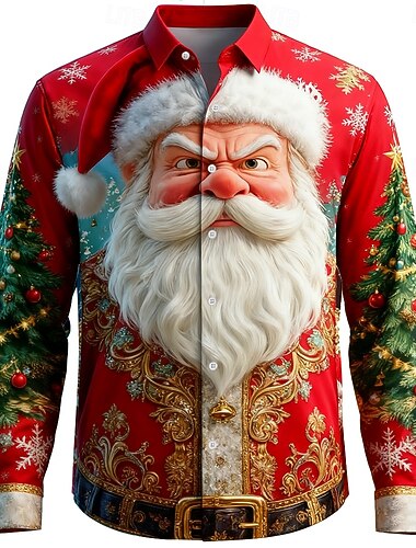  Новогодняя тематика Муж. Дед Мороз Новогодняя ёлка Человеческое лицо Рубашка Кнопка рубашка Длинный рукав Веселая на открытом воздухе Праздники Весна Осень Отложной 3D печать рубашки с воротником