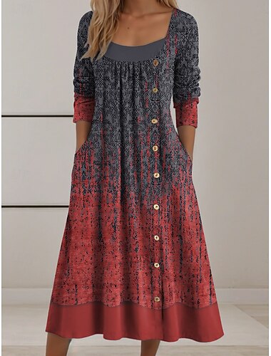  Damen Midikleid Shiftkleid Lässig Täglich Normale Passform Grafik Geometrisch Langarm Quadrathals Rote Blau Purpur Grün Herbst Winter