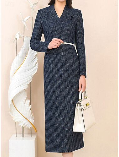  Linjeform Kjole til brudens mor Elegant Årgang V-hals Te-lengde Ull Polyester Langermet med Belte / bånd