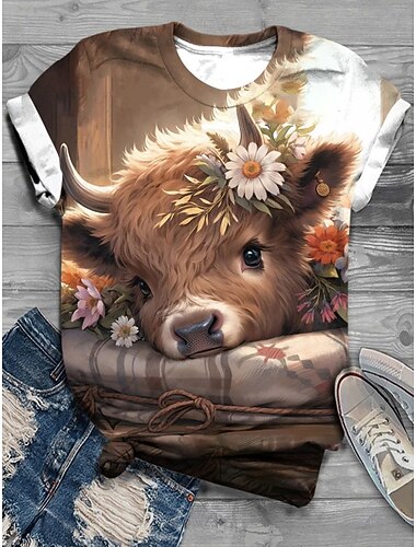  Dames T-shirt Grafisch dier Koe Vintage Stijlvol Klassiek Korte mouw Strakke ronde hals Normale tops Dagelijks Weekend Afdrukken Blozend Roze Licht Bruin blauw Bruin Grijs Lente Herfst Winter