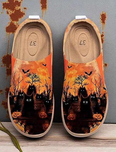  Oransje slip-on-sko til dame med spøkelses- og gresskartrykk – hverdagssko for halloween-dronninger, bursdager, turgåing og reiser i oktober