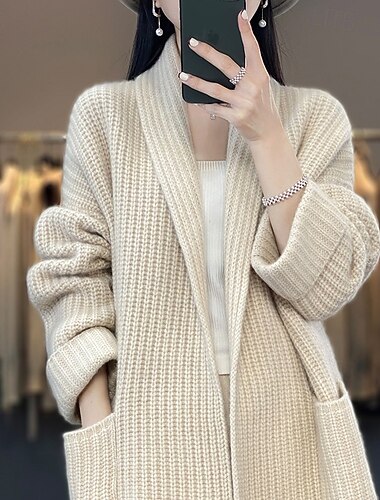  Dámské Svetr Kardigan Šik ven Na běžné nošení Pevná barva Košilový límec Kapsy Pletený Dlouhý rukáv Dlouhé topy Plést Dovolená Jdeme ven Víkend Velbloudí Béžová Podzim Zima