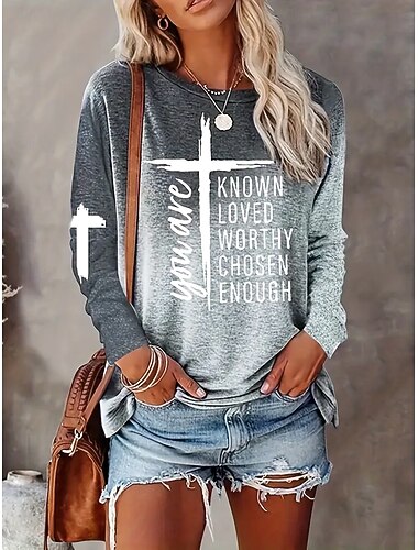  Dame T-shirt Grafisk Hældning Bogstaver Årgang Stilfuld Klassisk Langærmet Rund hals Almindelige toppe Daglig Trykt mønster Lysebrun Lilla Grå Lyseblå Forår Efterår Vinter
