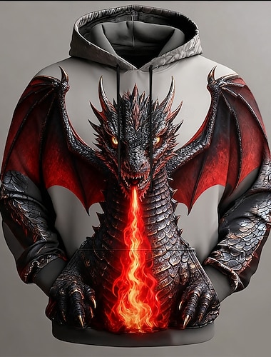  Miesten Lohikäärme 3D Huppari College Tyylikäs Juhla Pitkähihainen Tiukka pyöreä kaula-aukko Klubi Katuvaatteet Sininen Keltainen Rubiini Apila Kurenauha Syksy Talvi Suunnittelija S M L XL XXL XXXL